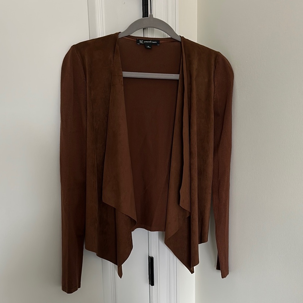 INC Brown Open Front Suede Knitted Brown Cardigan Size XS